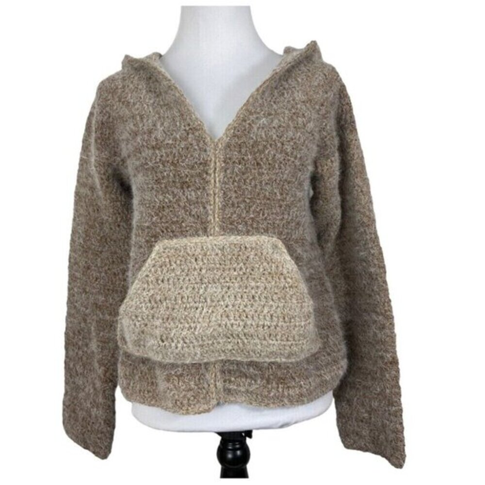 Handmade Women's NEW Tan V-Neck Long Sleeve Coastal Hooded Knit Sweater C36